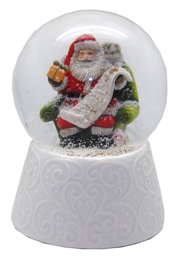 Edle Schneekugel auf weißem Porzellansockel Santa mit Spieluhr - Luftblase - Schneekugelhaus