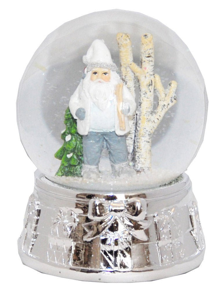 Edle Schneekugel Santa in Schneelandschaft mit Silber-Sockel Geschenkschleife und Spieluhr - Luftblase - Schneekugelhaus