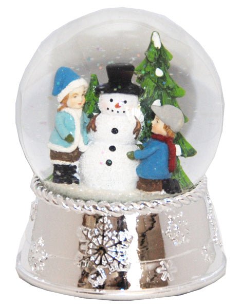 Edle Schneekugel Schneemann bauen mit Silber-Sockel Schneeflocke und Spieluhr - Schneekugelhaus