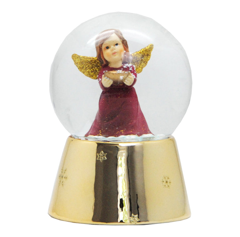 Schneekugel Engel rot mit Schale gold auf Sockel gold mit Sternen mit Spieluhr - Schneekugelhaus