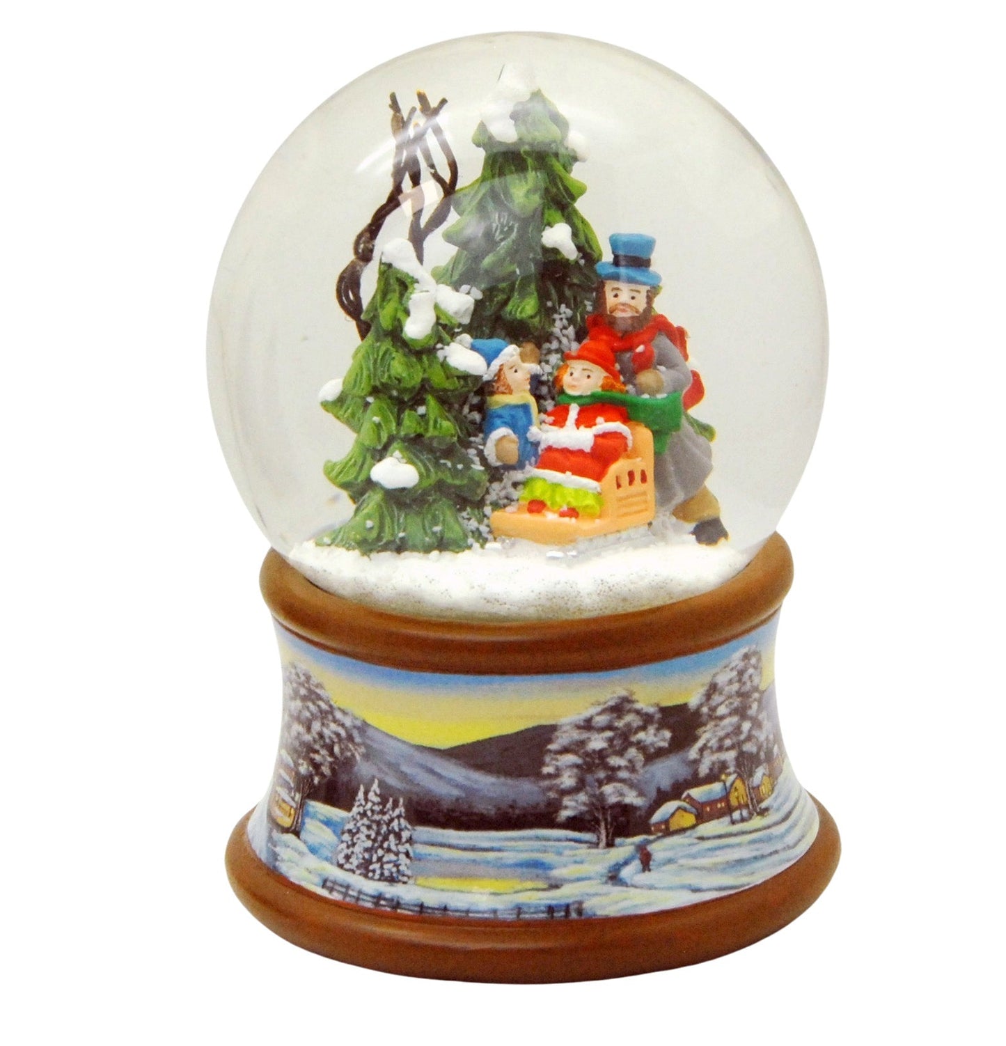 Schneekugel Familie mit Schlitten im Winterwald auf Sockel Winterlandschaft braun mit Spieluhr - Schneekugelhaus