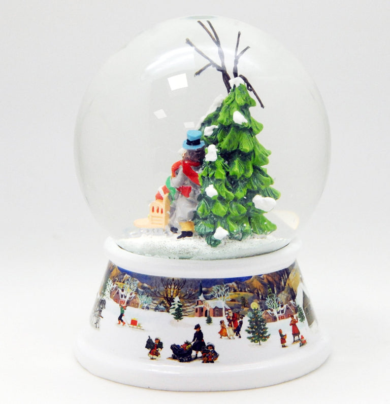 Schneekugel Familienspaziergang im Winterwald auf Sockel nostalgische Winterlandschaft mit Spieluhr 10 cm Durchmesser - Schneekugelhaus