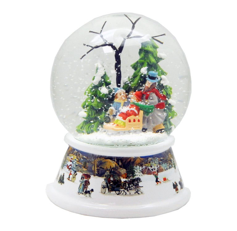 Schneekugel Familienspaziergang im Winterwald auf Sockel nostalgische Winterlandschaft mit Spieluhr 10 cm Durchmesser - Schneekugelhaus