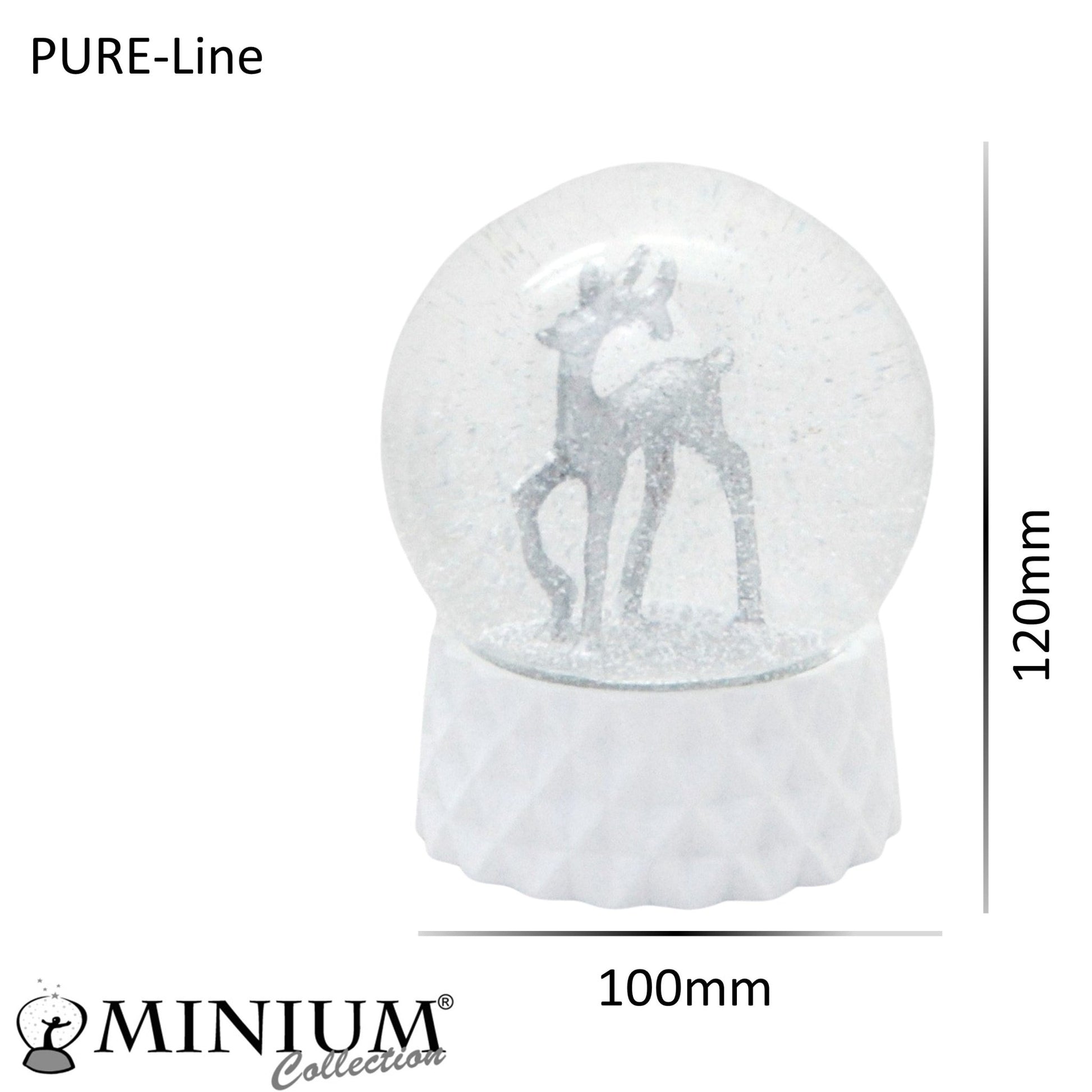Schneekugel Hirsch silber auf weiß Sockel kubisch "PURE-Line" 10 cm Durchmesser - Schneekugelhaus