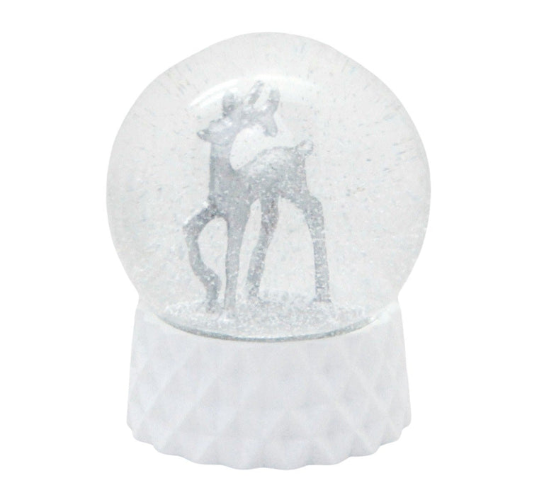 Schneekugel Hirsch silber auf weiß Sockel kubisch "PURE-Line" 10 cm Durchmesser - Schneekugelhaus