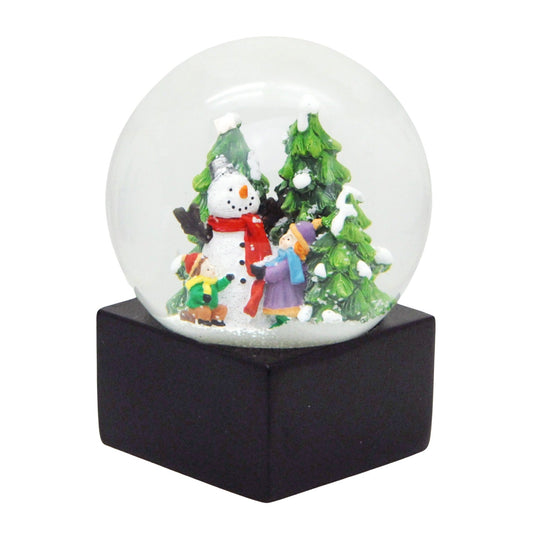 Schneekugel Kinder bauen Schneemann auf Sockel schwarz eckig "PURE-Line" 10 cm Durchmesser - Schneekugelhaus