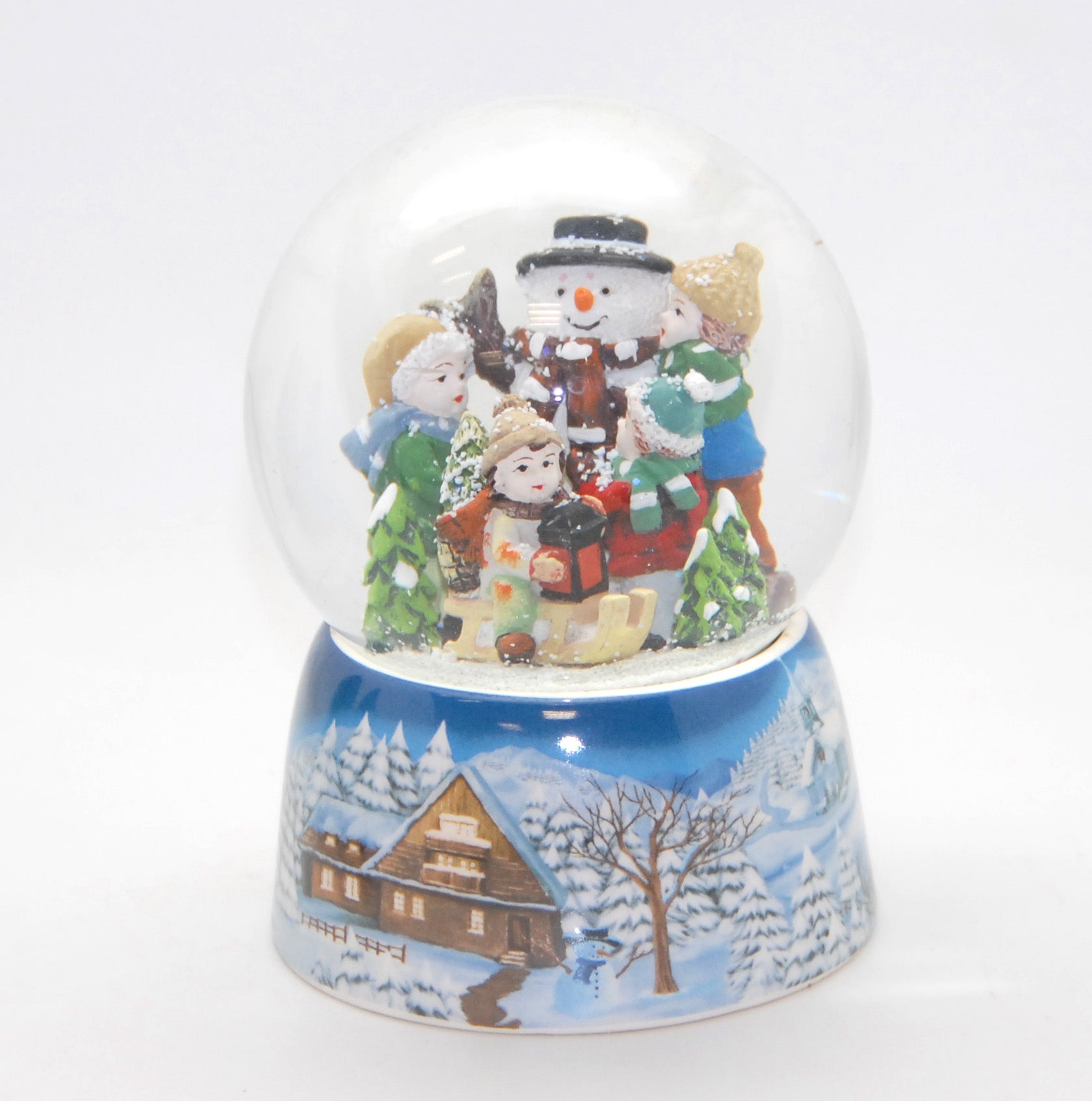 Schneekugel Kinder bauen Schneemann auf Sockel Winterlandschaft mit Spieluhr - Schneekugelhaus