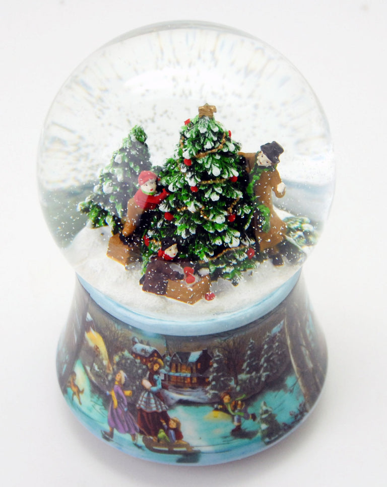 Schneekugel Tannenbaum schmücken auf Sockel Weihnachtsmarkt mit Spieluhr Jingle Bells 10 cm Durchmesser - Schneekugelhaus