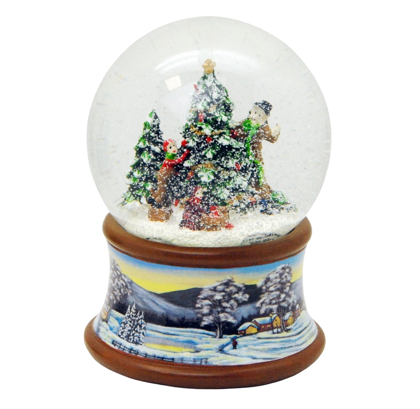Schneekugel Weihnachtsbaum schmücken auf Sockel Winterlandschaft braun mit Spieluhr - Schneekugelhaus
