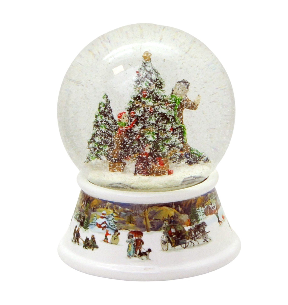 Schneekugel Weihnachtsbaum schmücken mit Geschenken auf Sockel nostalgische Schneelandschaft mit Spieluhr - Schneekugelhaus