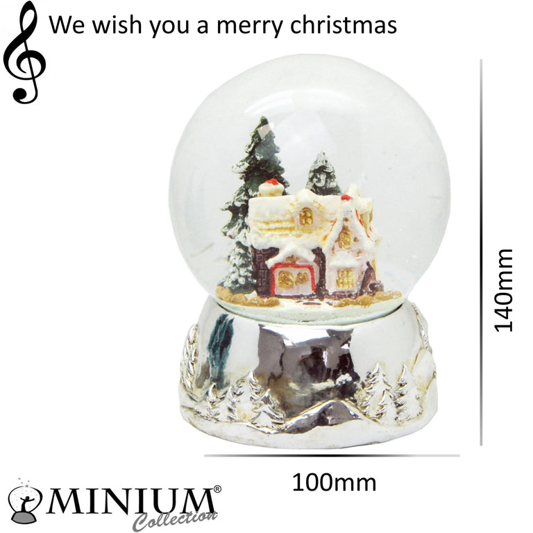 Schneekugel Zuckerbäckerhaus auf Silber Sockel mit Spieluhr We wish you a merry Christmas - Schneekugelhaus