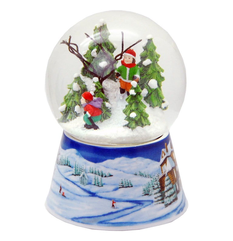 Schneekugel zwei nostalgische Skifahrer auf Sockel Winterlandschaft mittelblau mit Spieluhr 10 cm Durchmesser - Schneekugelhaus