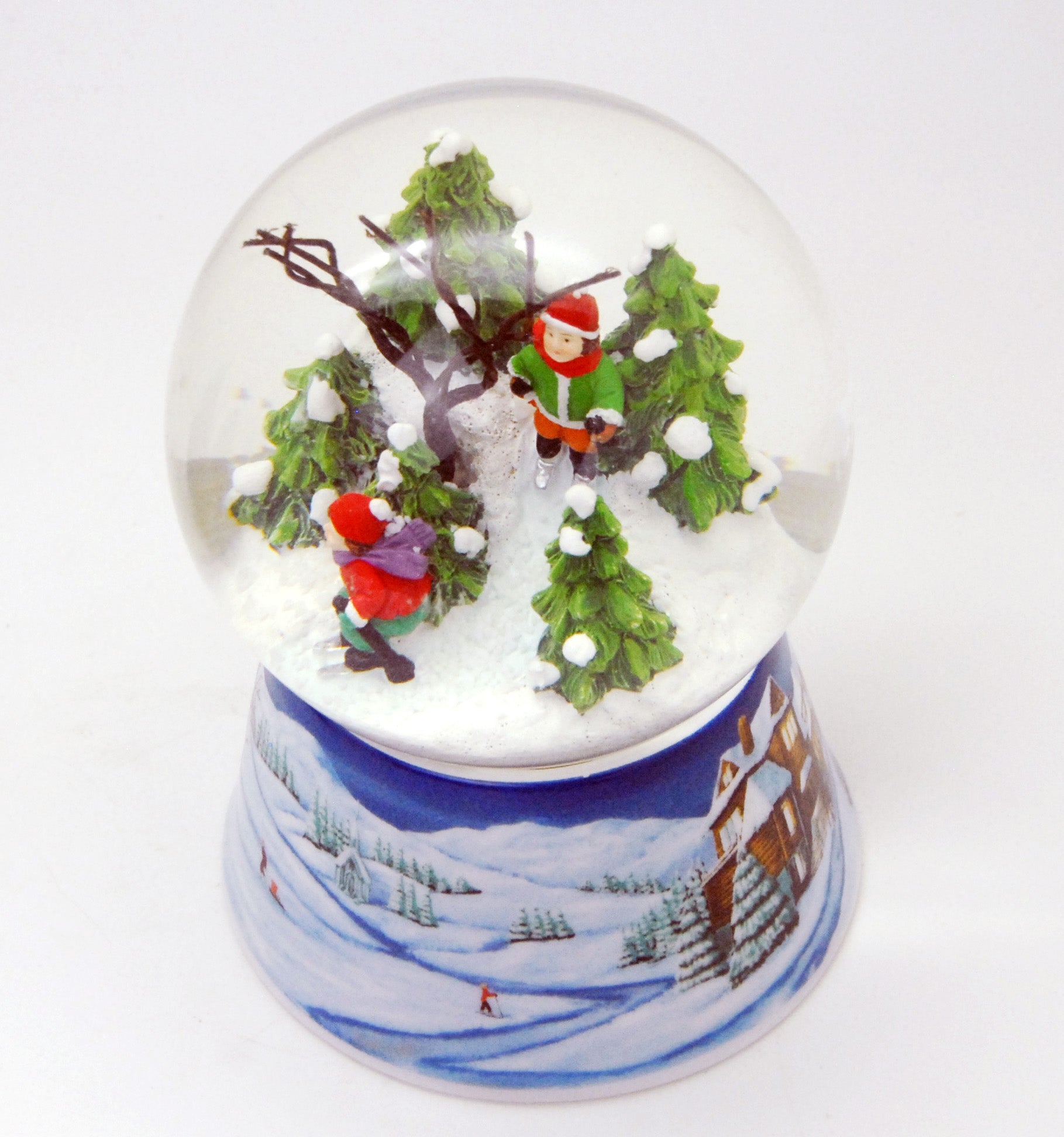 Schneekugel zwei nostalgische Skifahrer auf Sockel Winterlandschaft mittelblau mit Spieluhr 10 cm Durchmesser - Schneekugelhaus