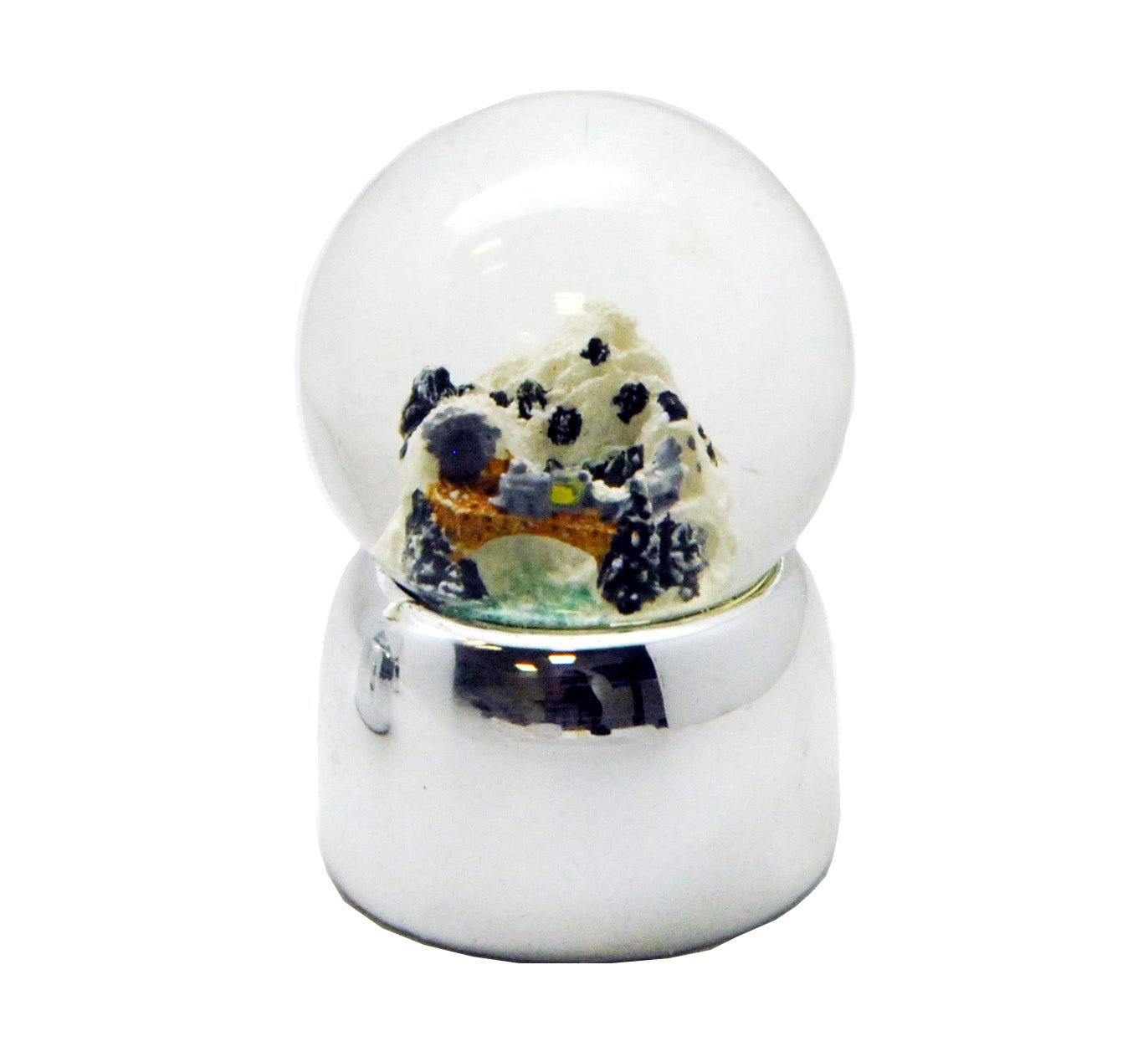 Süße Mini-Schneekugeln Winterlandschaft auf Silber-Sockel gerade glänzend - Schneekugelhaus